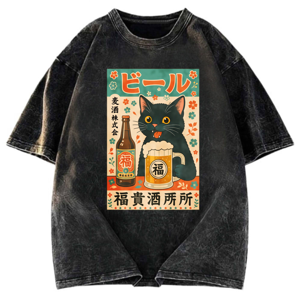 Tokyosol Japanese Black Cat Beer Washed T-Shirt