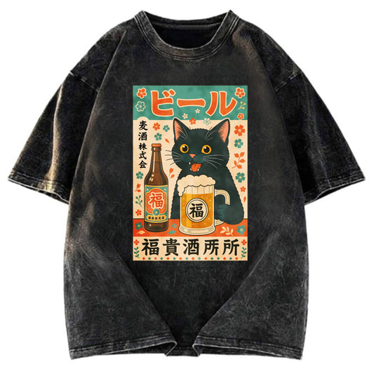 Tokyosol Japanese Black Cat Beer Washed T-Shirt