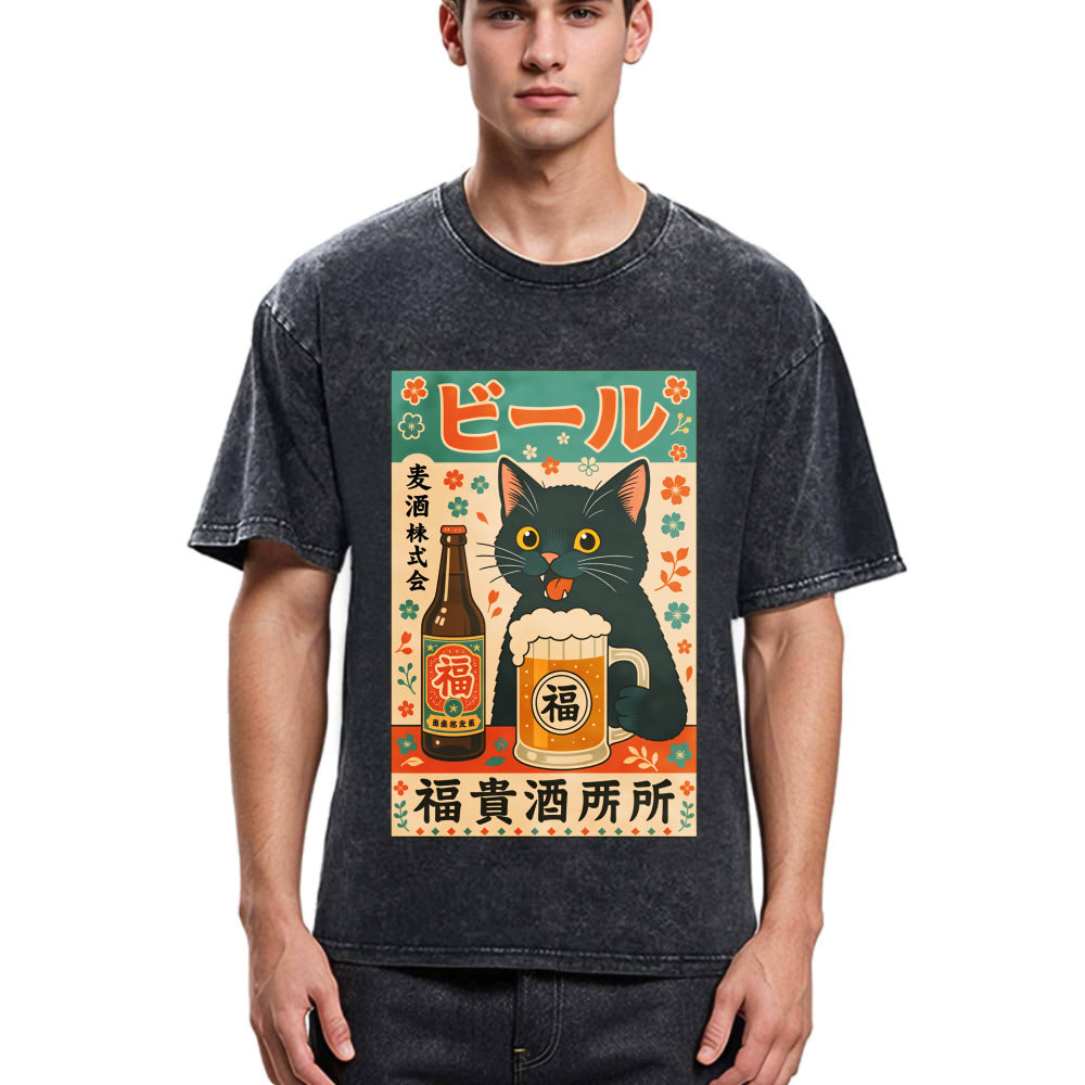 Tokyosol Japanese Black Cat Beer Washed T-Shirt