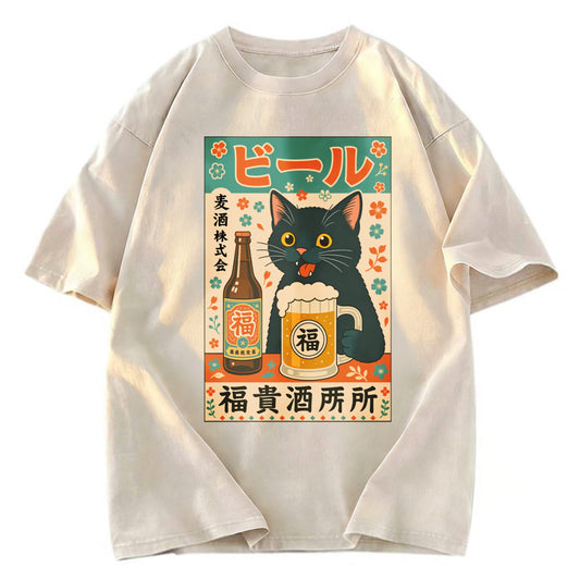 Tokyosol Japanese Black Cat Beer Washed T-Shirt