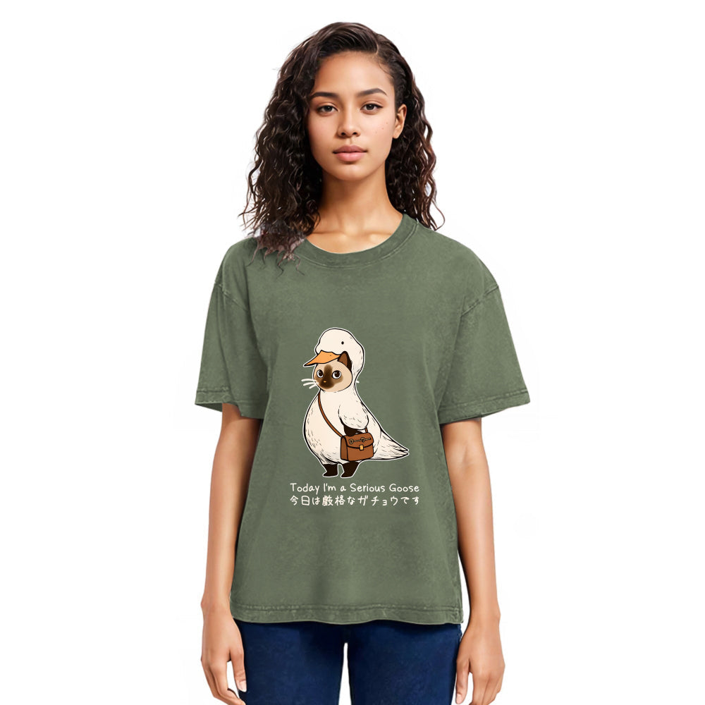 Tokyosol Funny Cat to be Serious Goose meme Washed T-Shirt