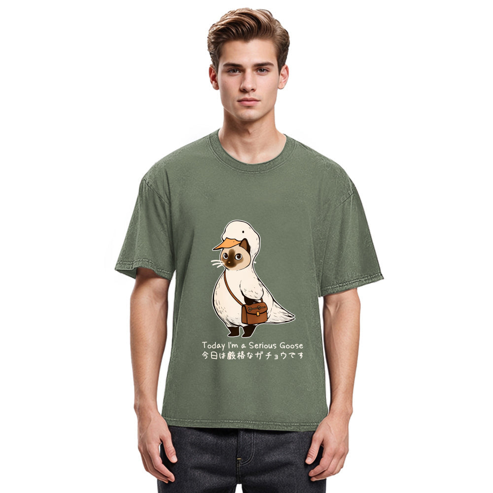 Tokyosol Funny Cat to be Serious Goose meme Washed T-Shirt