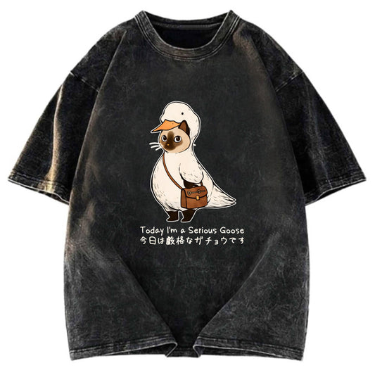 Tokyosol Funny Cat to be Serious Goose meme Washed T-Shirt