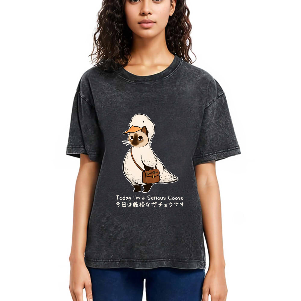 Tokyosol Funny Cat to be Serious Goose meme Washed T-Shirt