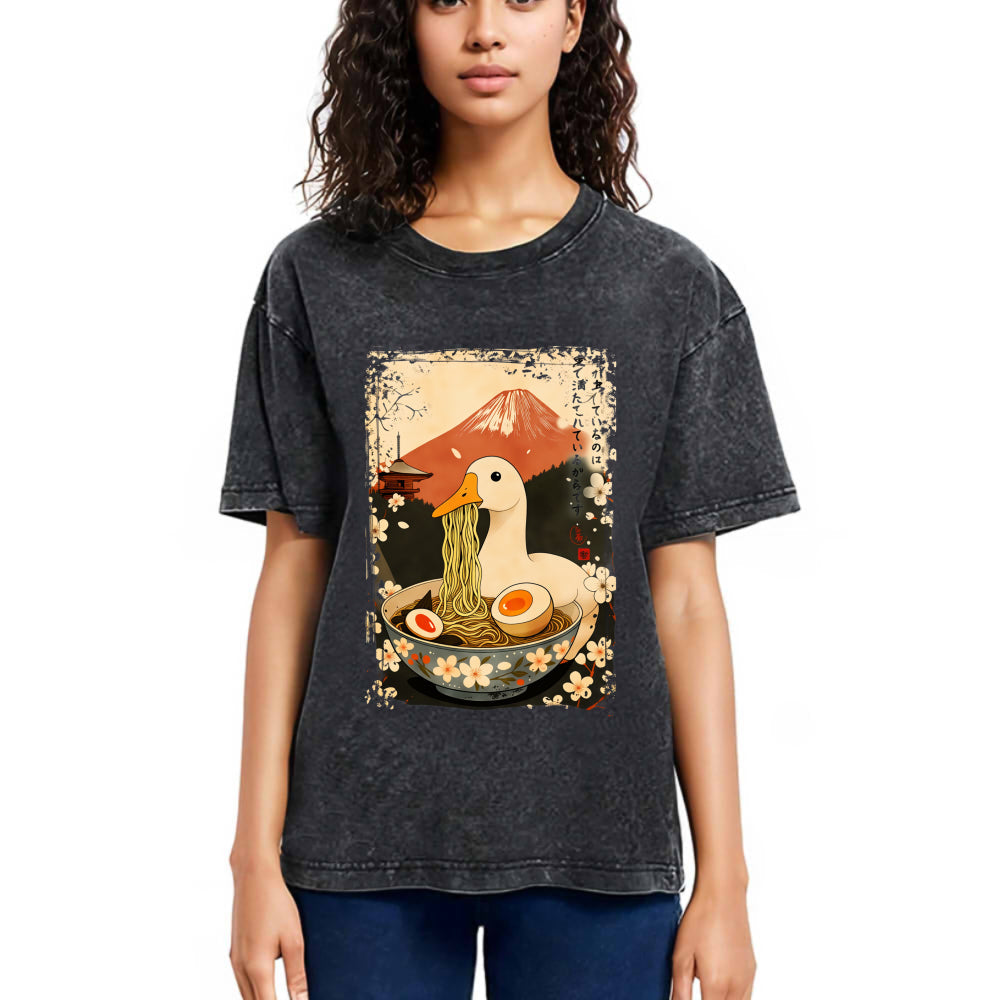 Tokyosol Japanese Ukiyoe Goose Eat Ramen Poster Washed T-Shirt