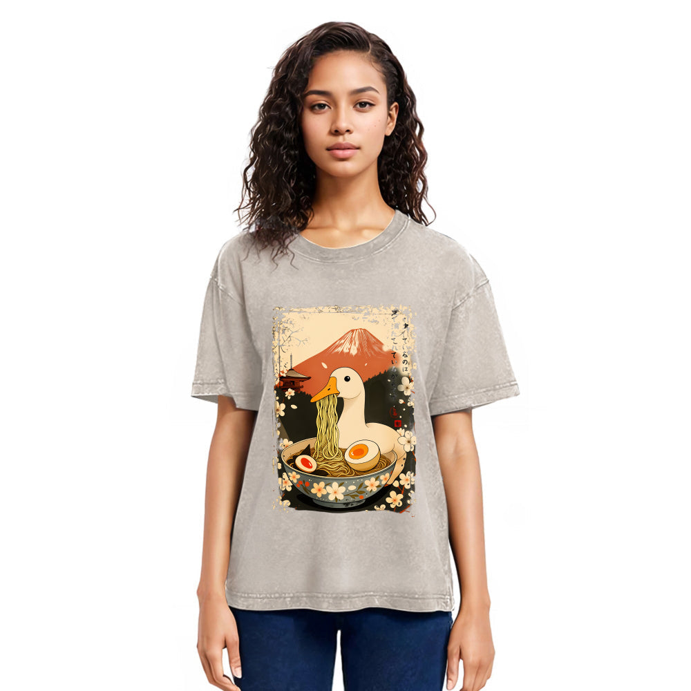 Tokyosol Japanese Ukiyoe Goose Eat Ramen Poster Washed T-Shirt