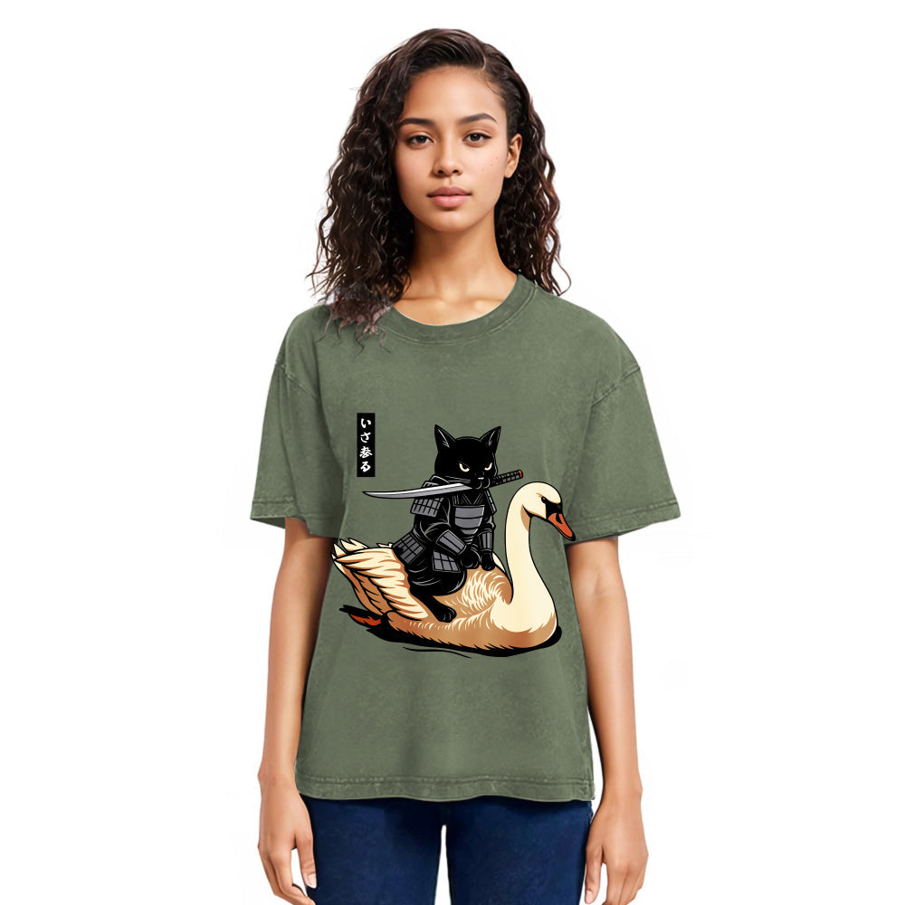 Tokyosol Black Cat Samurai Riding A Goose Washed T-Shirt