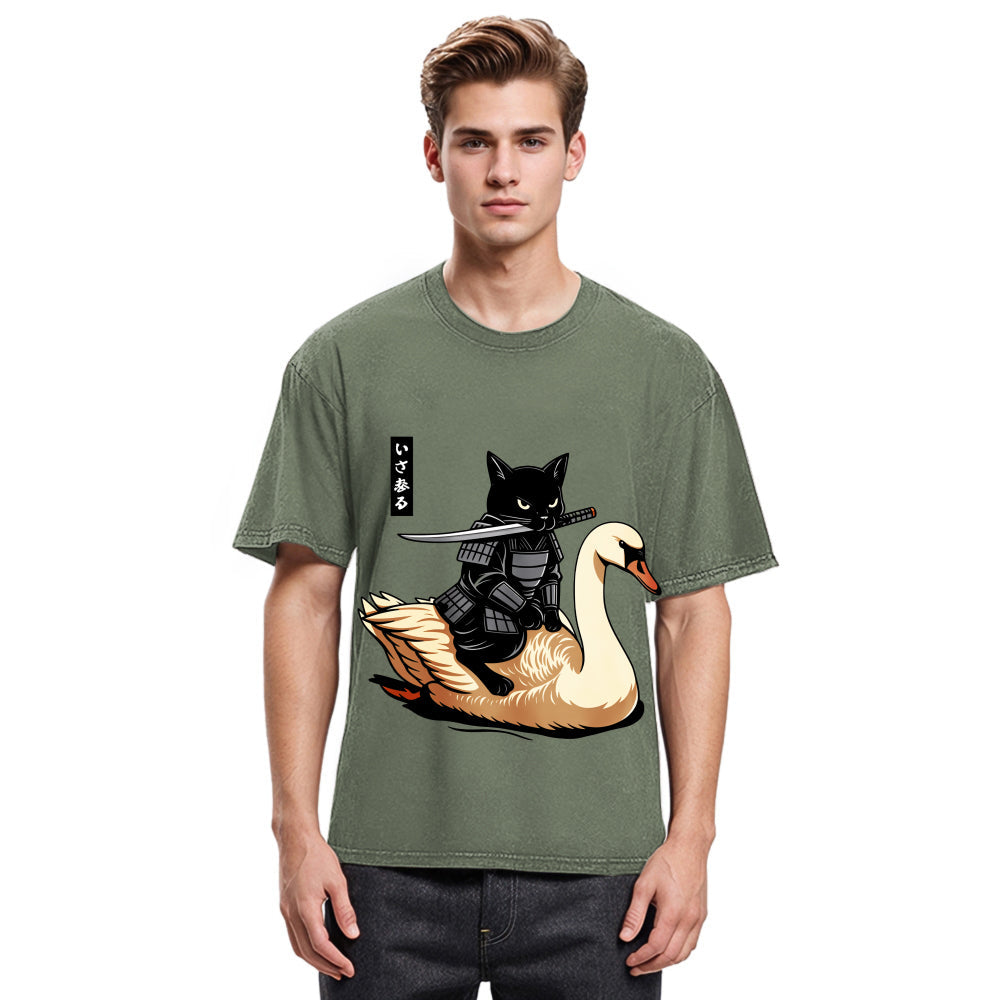 Tokyosol Black Cat Samurai Riding A Goose Washed T-Shirt