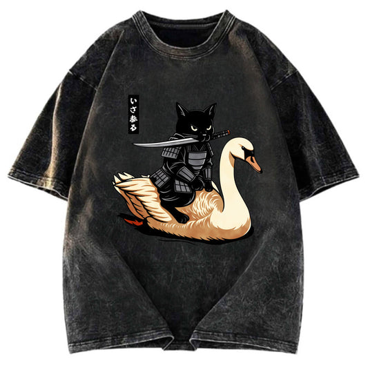 Tokyosol Black Cat Samurai Riding A Goose Washed T-Shirt