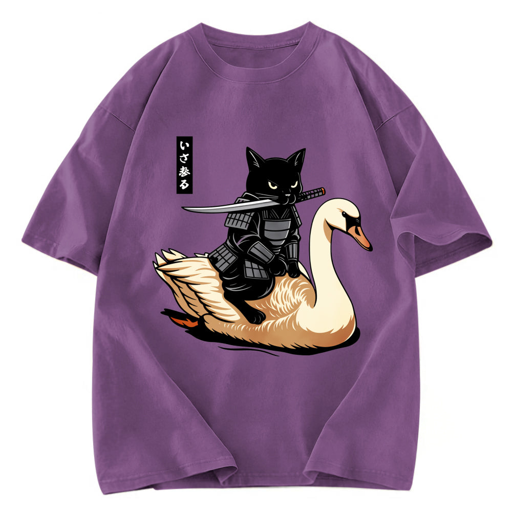 Tokyosol Black Cat Samurai Riding A Goose Washed T-Shirt
