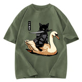 Tokyosol Black Cat Samurai Riding A Goose Washed T-Shirt