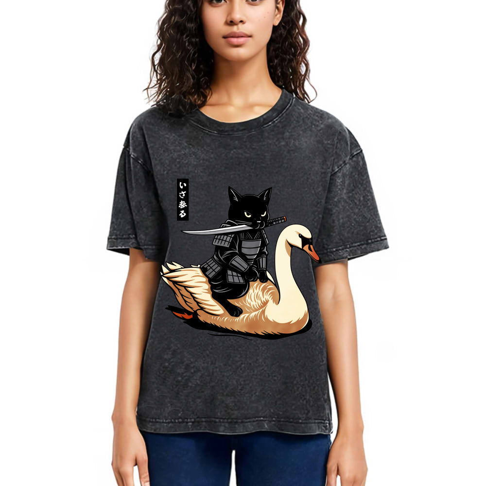 Tokyosol Black Cat Samurai Riding A Goose Washed T-Shirt