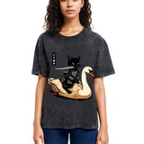Tokyosol Black Cat Samurai Riding A Goose Washed T-Shirt