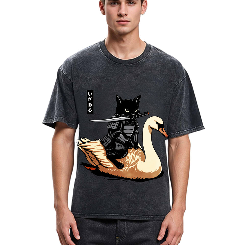 Tokyosol Black Cat Samurai Riding A Goose Washed T-Shirt