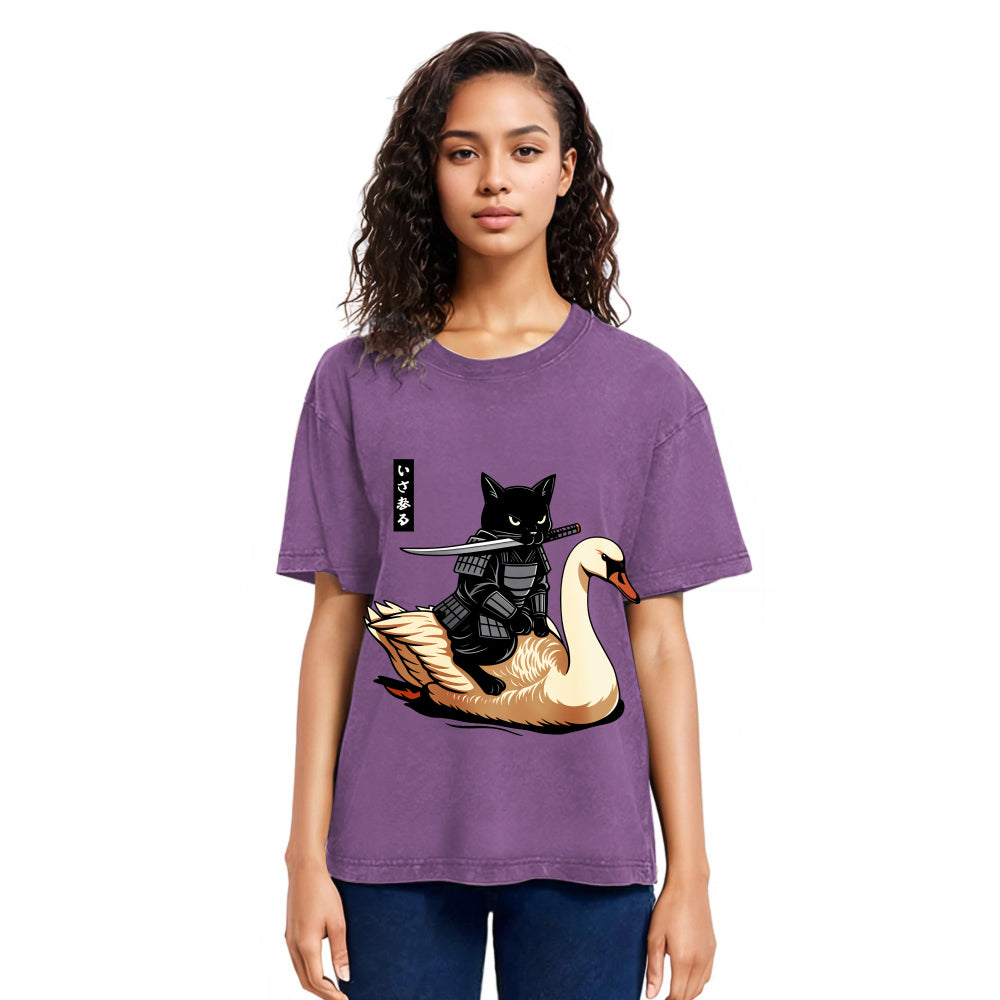 Tokyosol Black Cat Samurai Riding A Goose Washed T-Shirt