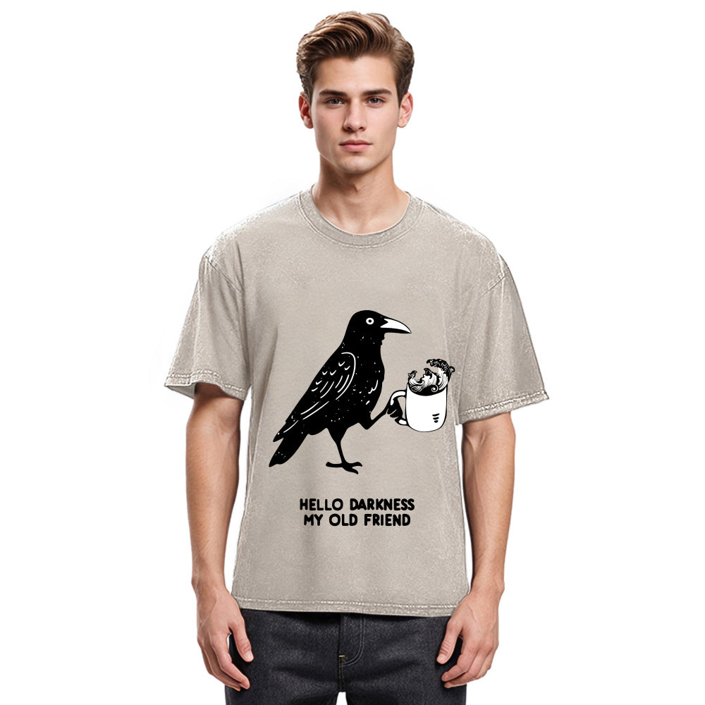 Tokyosol Crow Drinking Black Coffee Funny Washed T Shirt