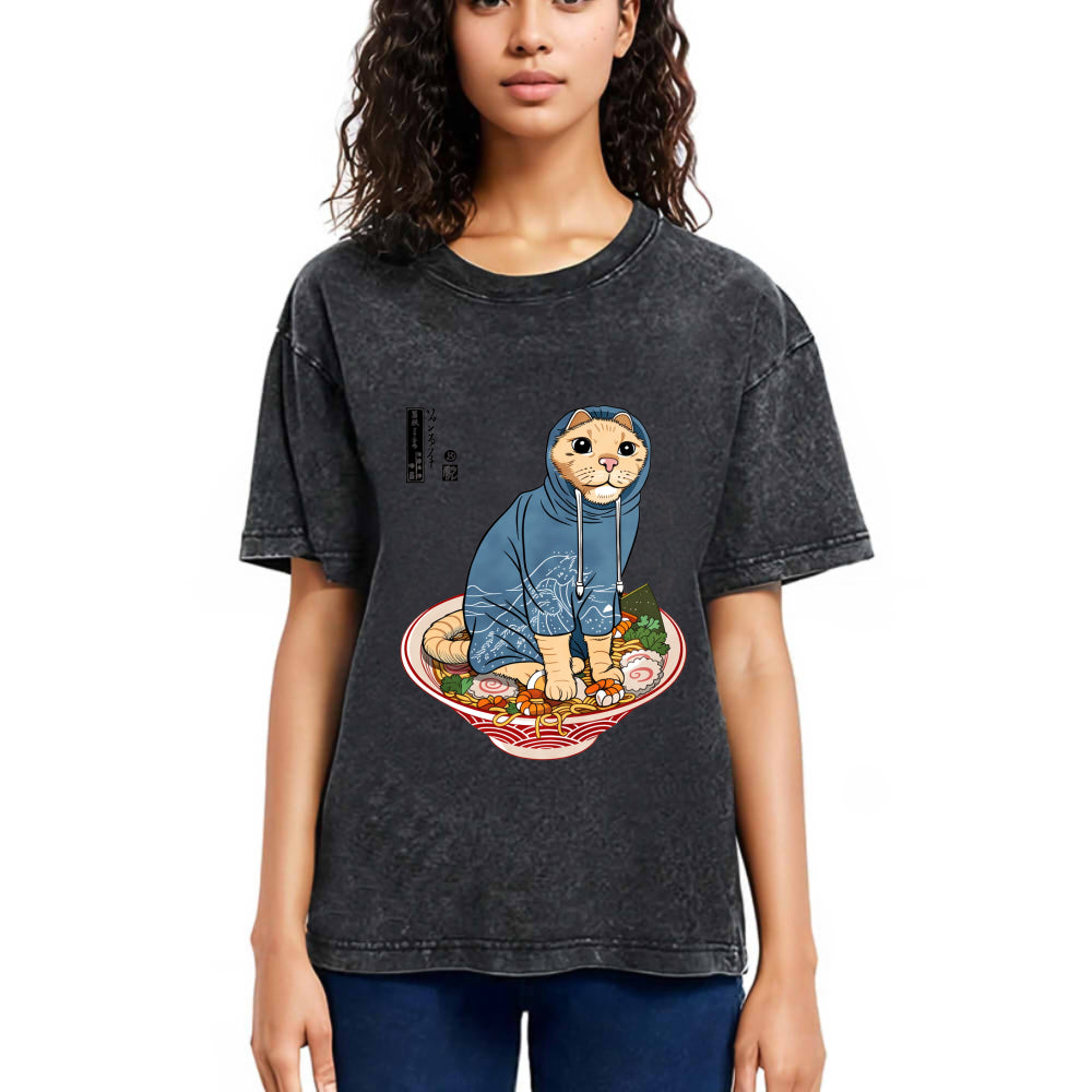 Tokyosol Japanese Cat On Ramen Washed T Shirt