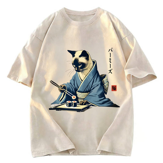 Tokyosol Cat In Kimono Eating Sushi Washed T Shirt