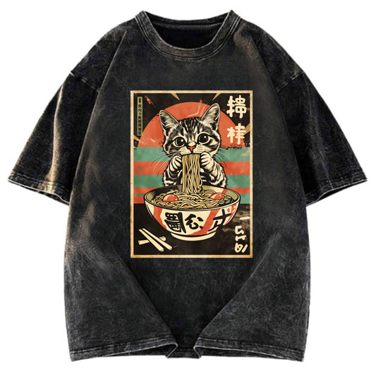 Tokyosol Kawaii Cat Lover Ramen Washed T Shirt