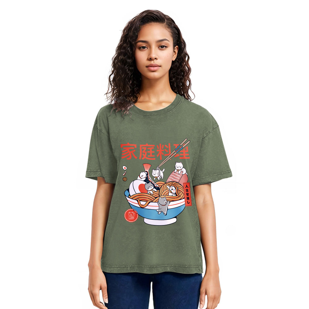 Tokyosol Ramen And Mini Cats Washed T Shirt