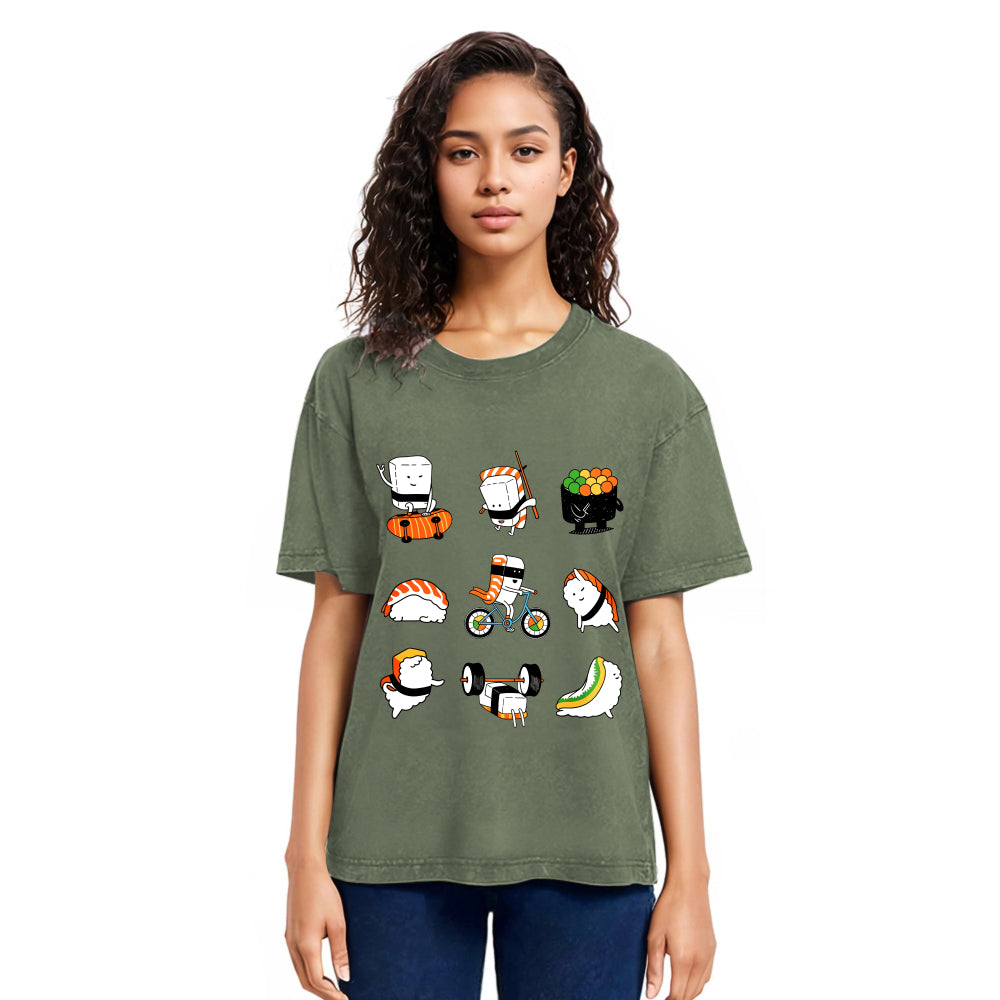 Tokyosol Cute Sports Sushi Washed T Shirt