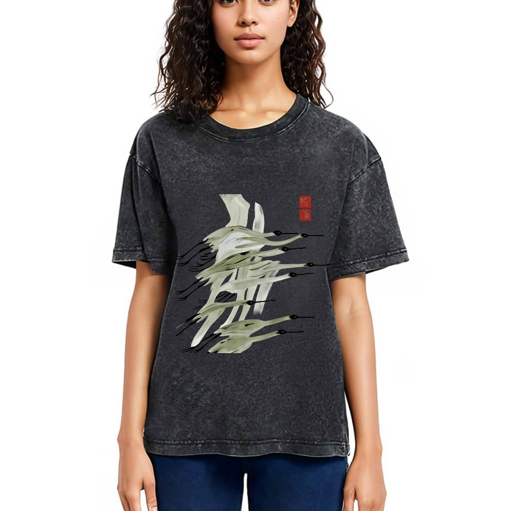 Tokyosol Flock Of Cranes In Flight Washed T Shirt