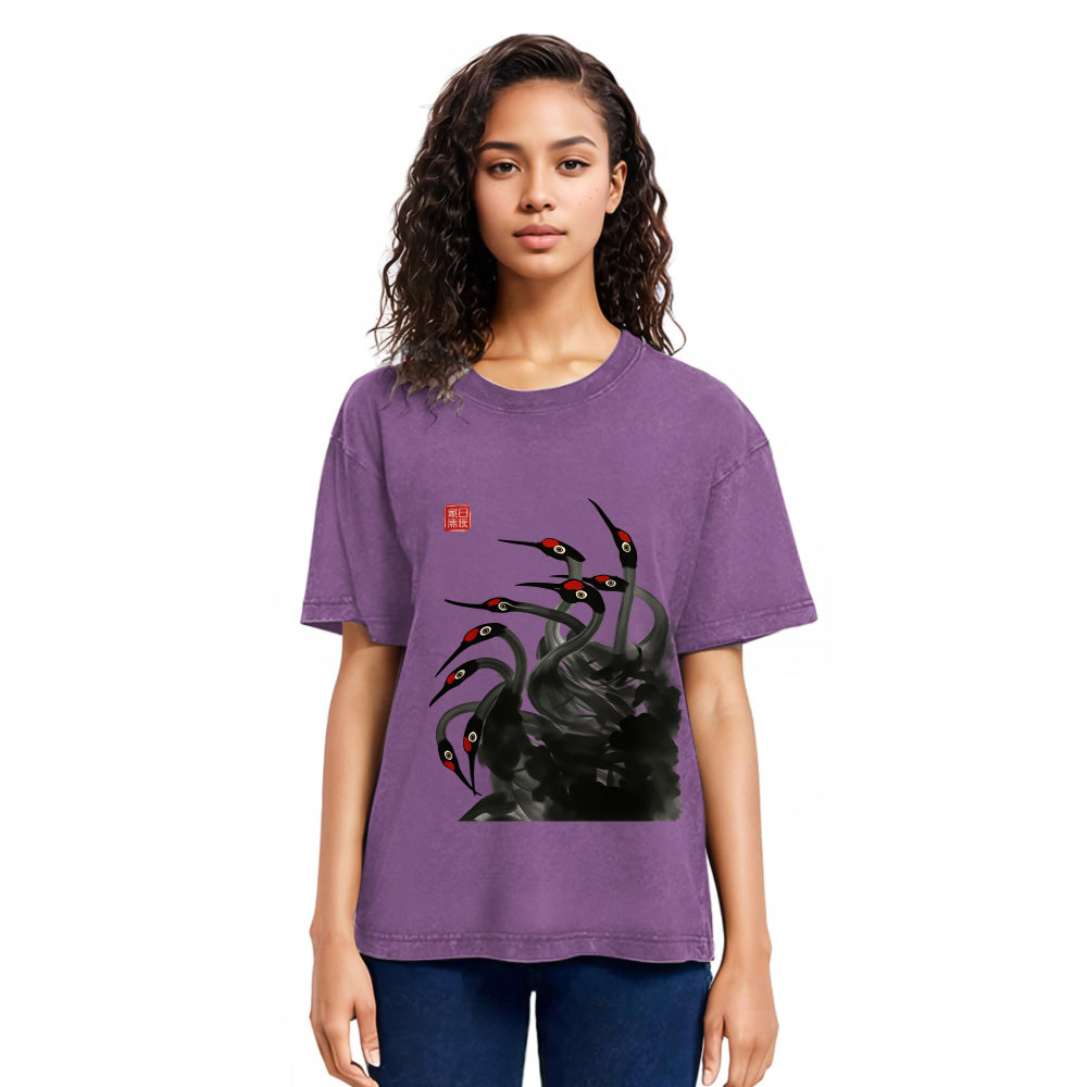 Tokyosol Retro Red Crowned Crane Washed T Shirt
