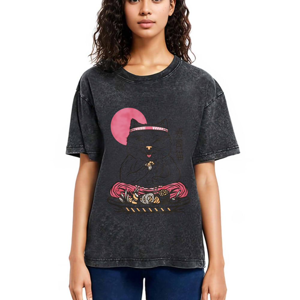 Tokyosol Cute Sushi Cat Eating Washed T Shirt