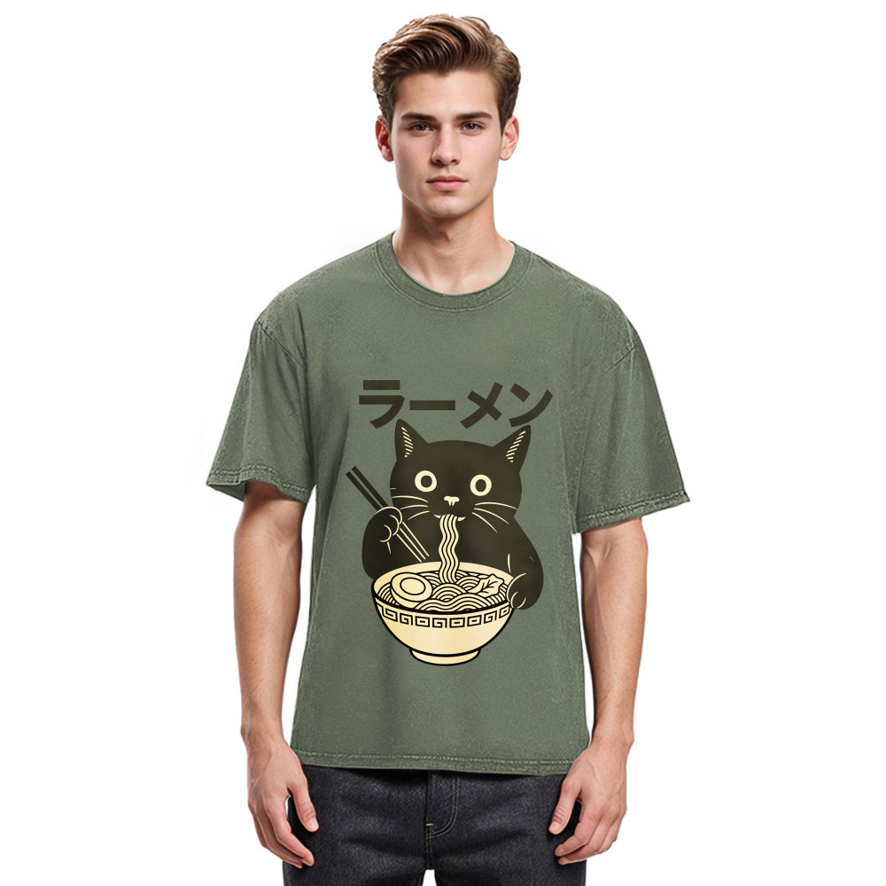 Tokyosol Simple Black Cat Eating Ramen Washed T Shirt