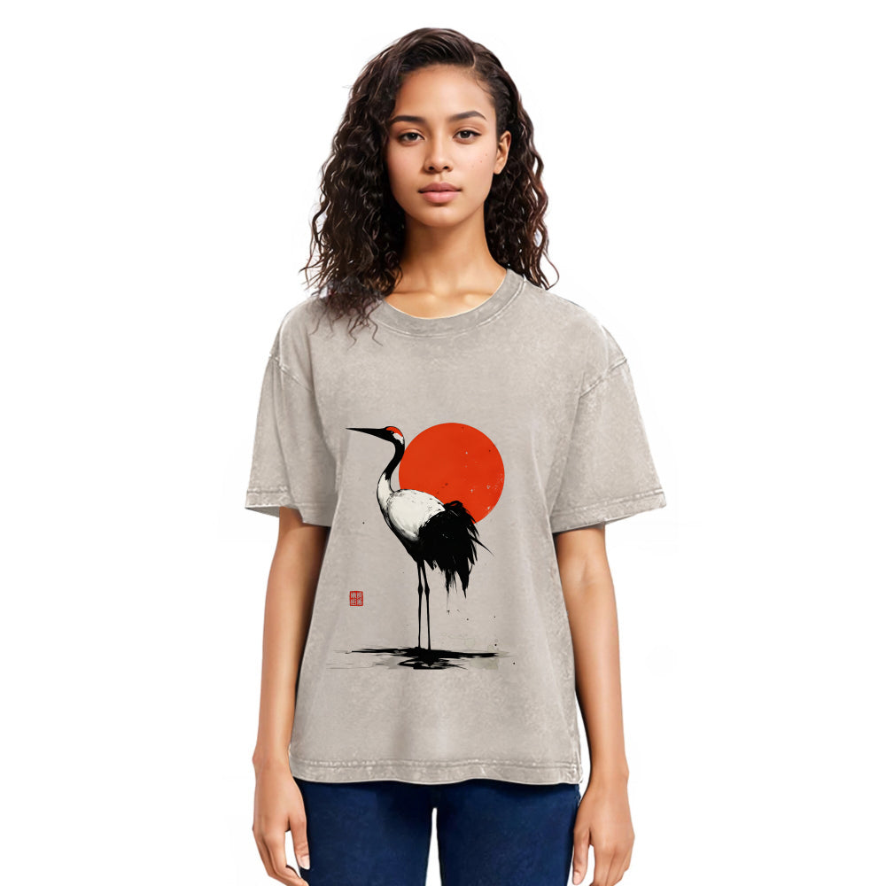 Tokyosol Retro Japanese Red Crowned Crane Washed T Shirt