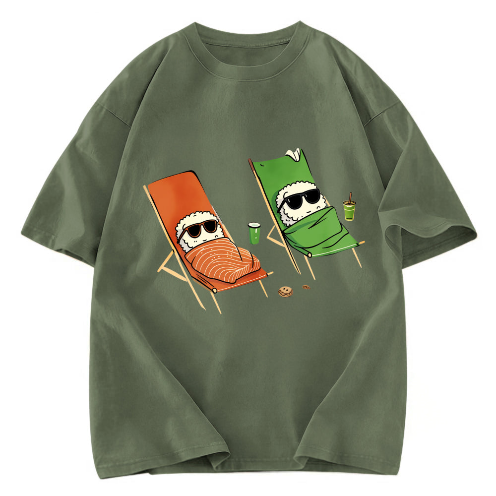 Tokyosol Funny Sushi Sunbathing Washed T Shirt
