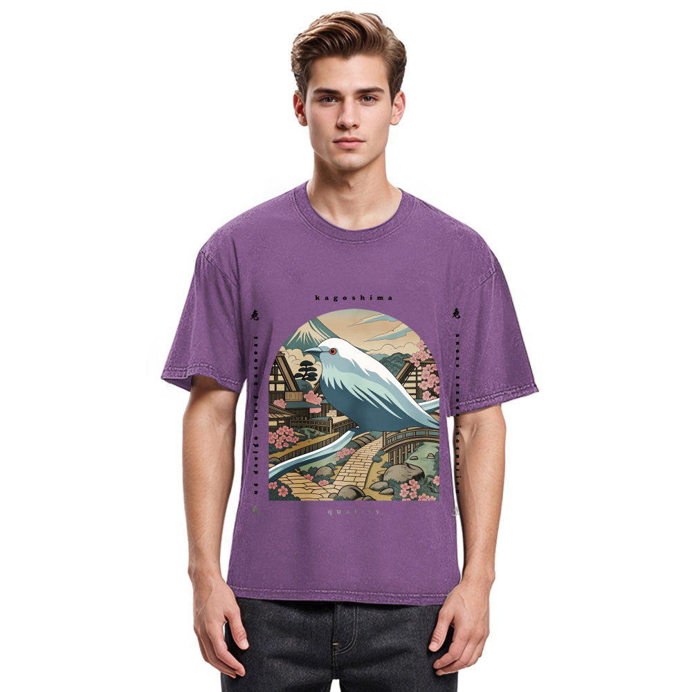 Tokyosol Retro Japan Culture Bird Washed T Shirt