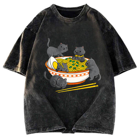 Tokyosol Kawaii Anime Cat Japanese Ramen Washed T Shirt