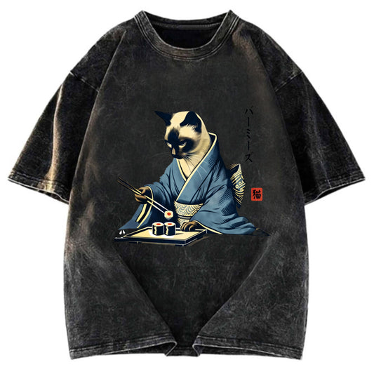 Tokyosol Cat In Kimono Eating Sushi Washed T Shirt