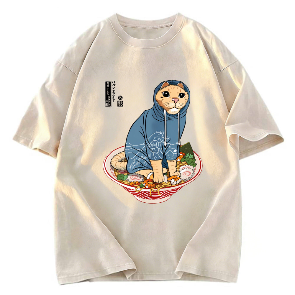Tokyosol Japanese Cat On Ramen Washed T Shirt