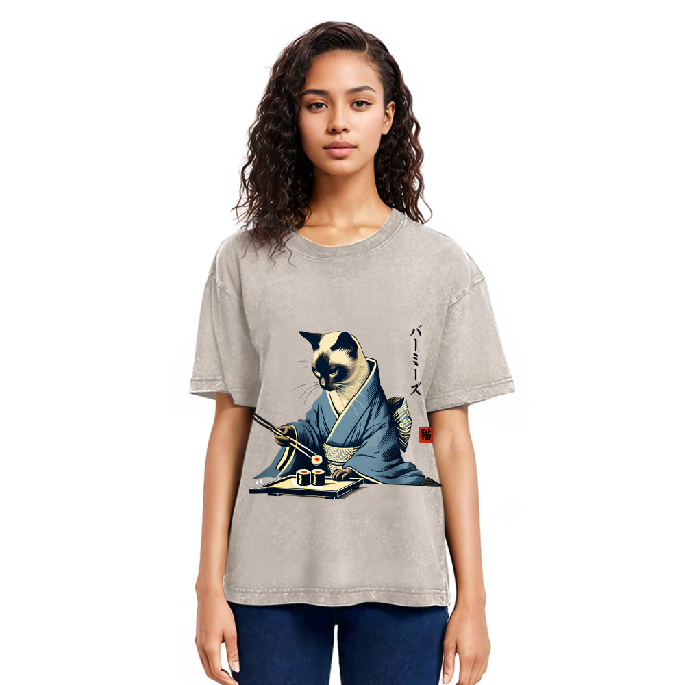 Tokyosol Cat In Kimono Eating Sushi Washed T Shirt
