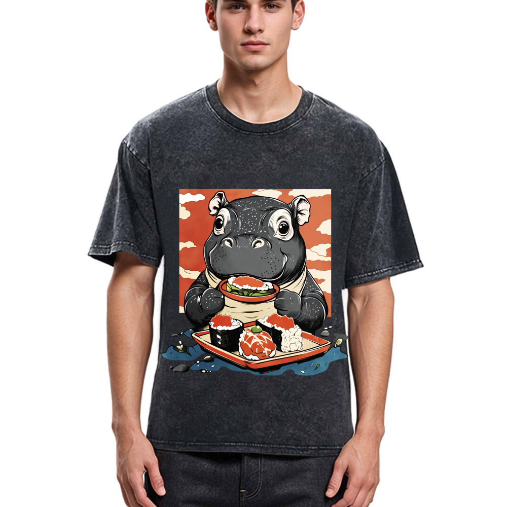 Tokyosol Moo Deng Eat Sushi Washed T Shirt