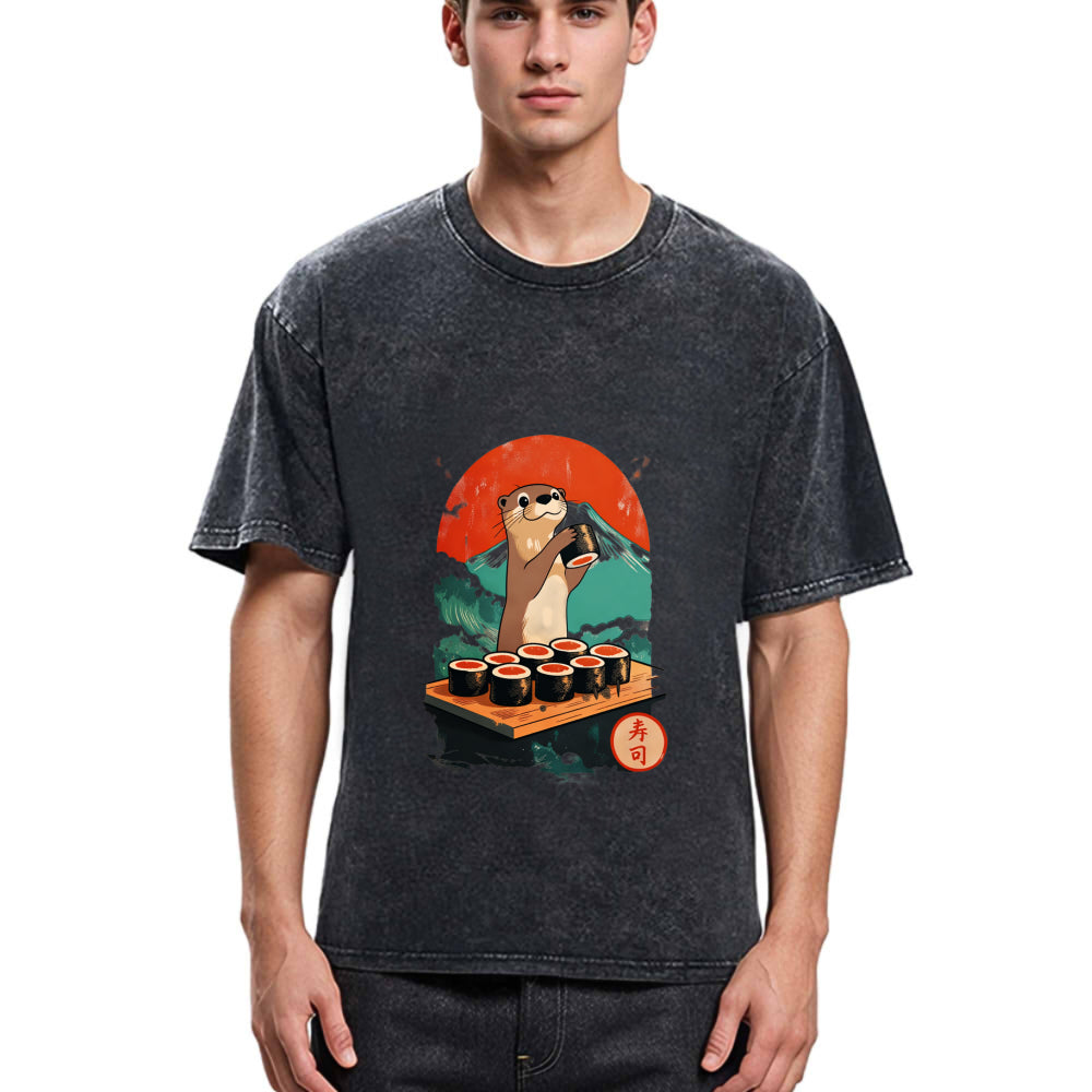 Tokyosol Otter Eating Sushi Washed T Shirt