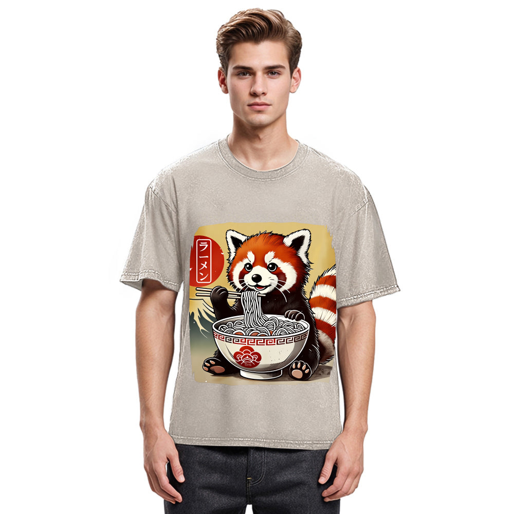 Tokyosol Cute Raccoon Eating Ramen Washed T Shirt