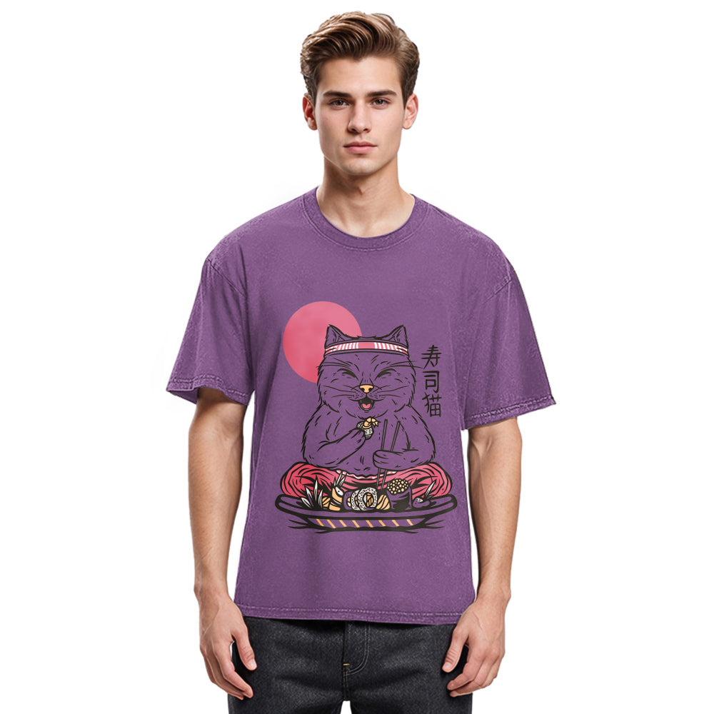 Tokyosol Cute Sushi Cat Eating Washed T Shirt