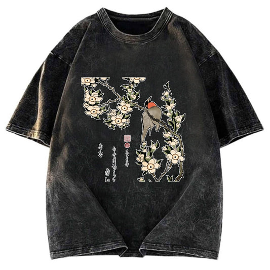 Tokyosol Japanese Bird And Wood Painting Washed T Shirt