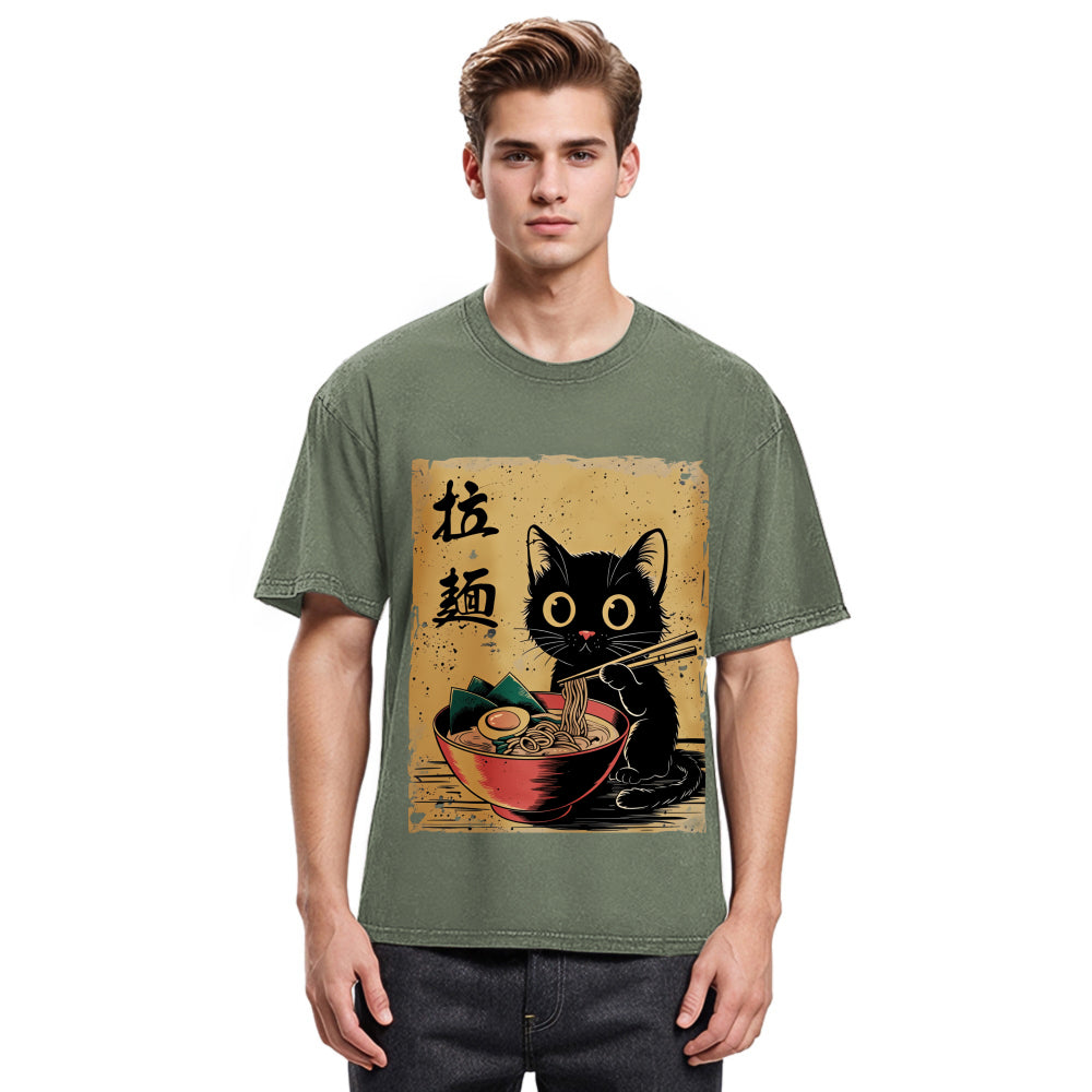 Tokyosol Retro Black Cat Eating Ramen Washed T Shirt