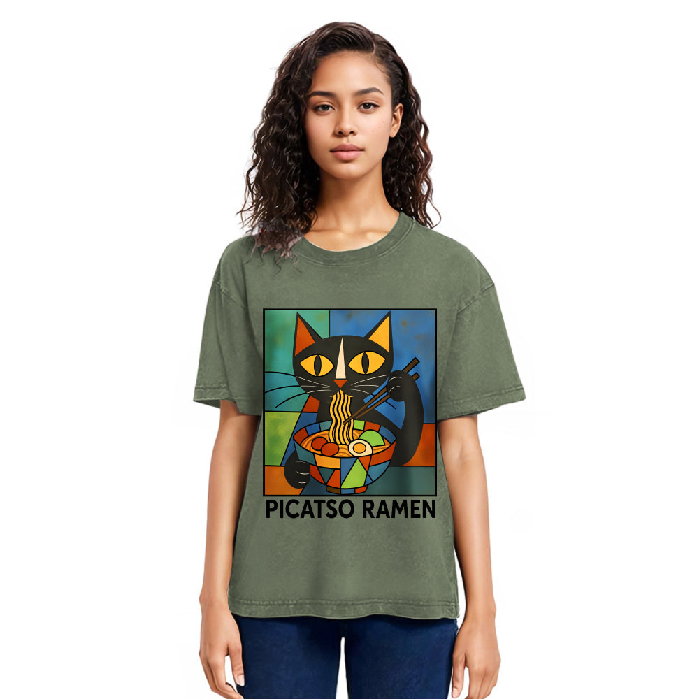Tokyosol Abstract Cat Eating Ramen Washed T Shirt