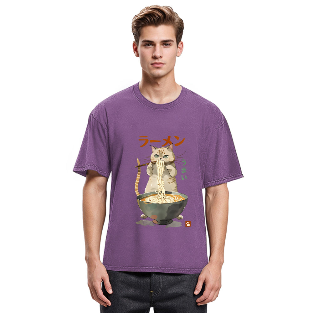 Tokyosol Cute Cat Eating Yummy Ramen Washed T Shirt