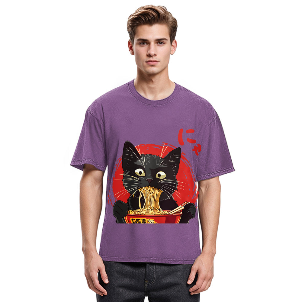 Tokyosol Japanese Ramen Black Cat Washed T Shirt