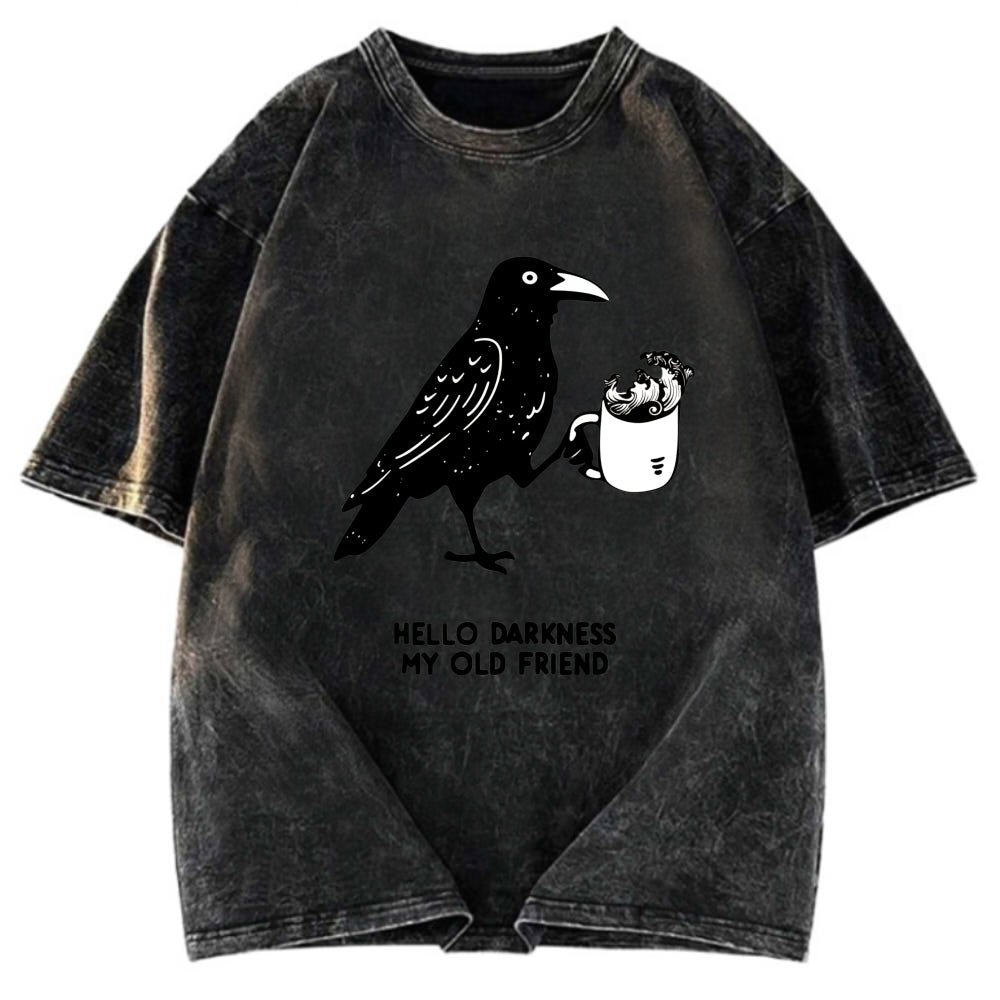 Tokyosol Crow Drinking Black Coffee Funny Washed T Shirt