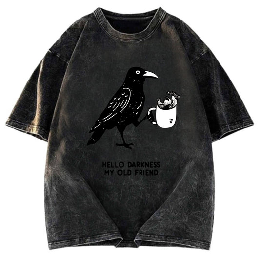Tokyosol Crow Drinking Black Coffee Funny Washed T Shirt