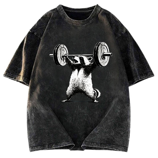 Tokyosol Raccoon Weightlifting Funny Washed T Shirt