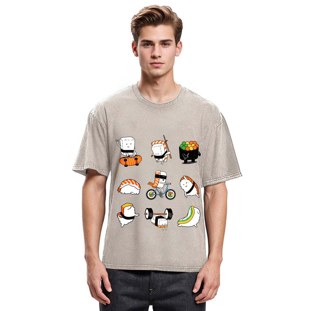 Tokyosol Cute Sports Sushi Washed T Shirt