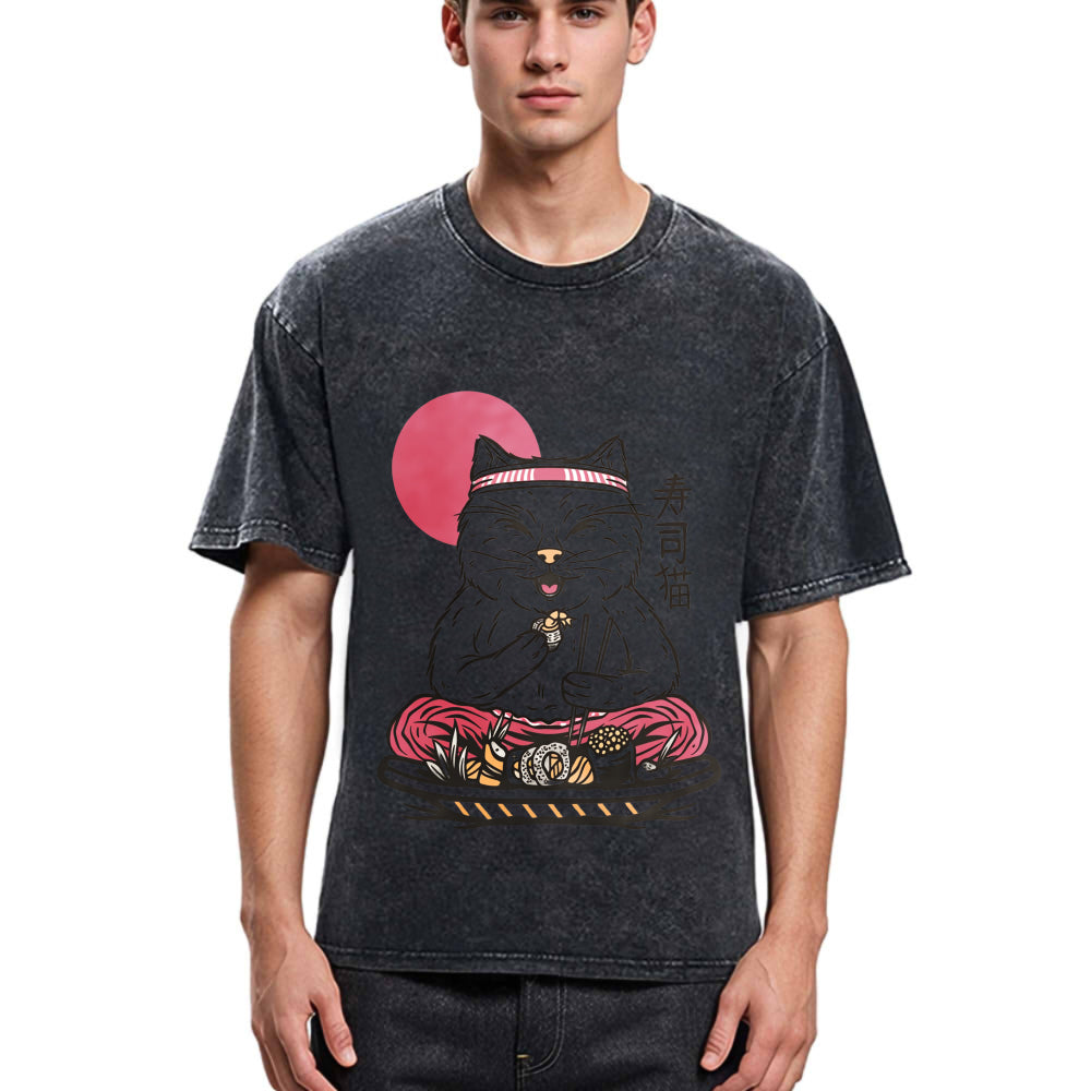 Tokyosol Cute Sushi Cat Eating Washed T Shirt